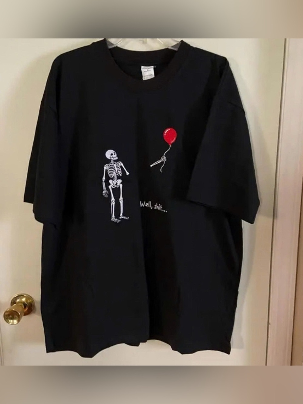 Gildan Black Tee with White Skeleton and Red Balloon Graphic